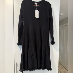 Carlisle Black Ribbed Knit dress with fringe sleeves and hem